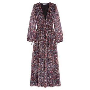 IRO Kimie 100% Silk Chiffon Sheer Printed Floral V-Neck Maxi Dress